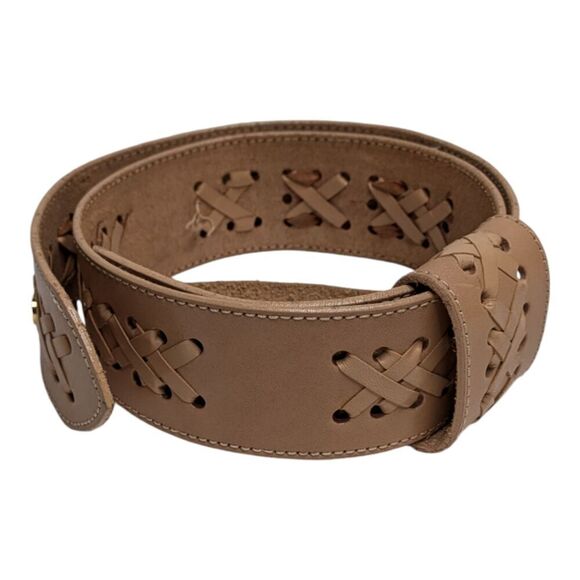 Vintage Ginnie Johansen Nude Leather Western Cross Stitch Woven Belt, S/M - Picture 1 of 12